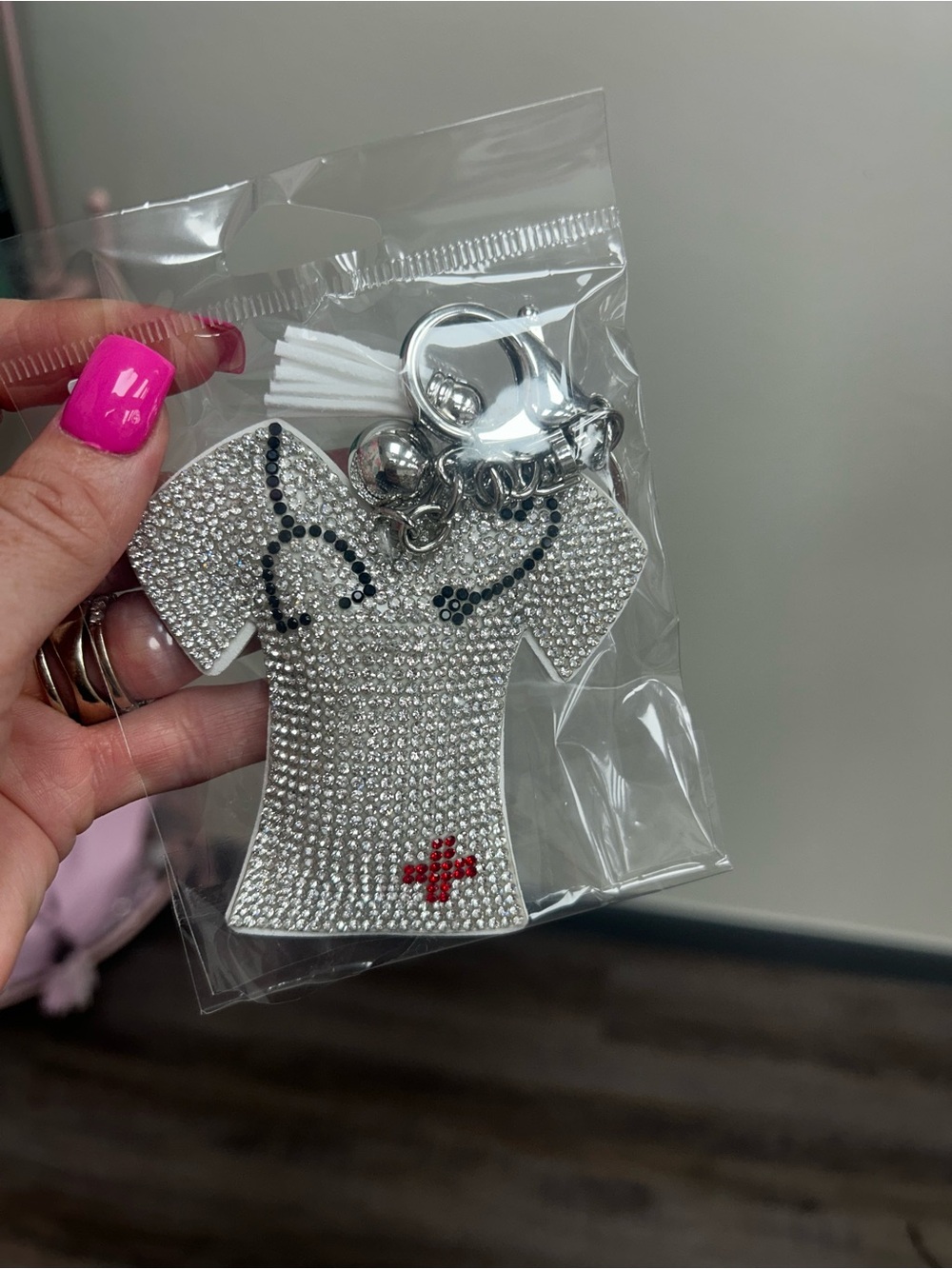 Rhinestone Nurse Scrub Top Keychain Charm - Silver with Red Accent